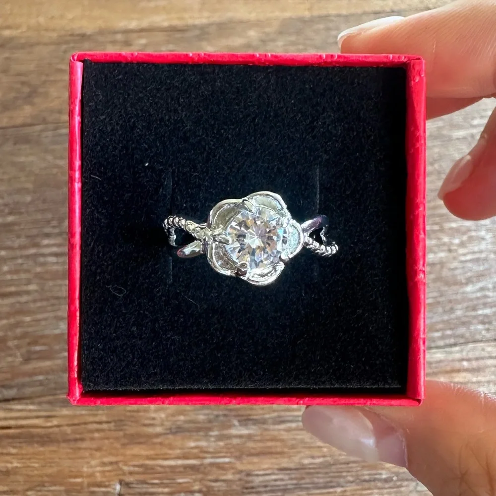 Silver Tone Floral Halo CZ Engagement Ring Size 8.25 Statement Ring